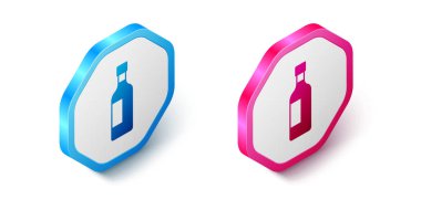 Isometric Bottle of wine icon isolated on white background. Hexagon button. Vector