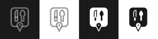 Nastavit Cafe Restaurace Umístění Ikony Izolované Černobílém Pozadí Nápis Nůž — Stockový vektor