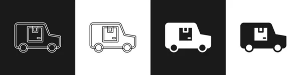 黒と白の背景に隔離された配送貨物トラックの車両アイコンを設定します ベクトル — ストックベクタ