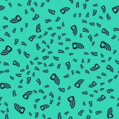 Sihirli gökkuşağı ikonuna sahip siyah tencere yeşil arka planda izole edilmiş pürüzsüz desen. Aziz Patrick gününüz kutlu olsun. Ulusal İrlanda bayramı. Vektör