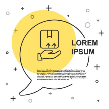Beyaz zemin üzerinde karton kutular ikonu olan siyah çizgi teslimat eli. Kuryeyle kapı kapı dolaşacağız. Rastgele dinamik şekiller. Vektör
