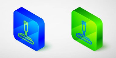 Isometric hat temizleme hizmeti ile pencere simgesi için kauçuk temizleyici izole edilmiş gri arka plan. Silecek, kazıyıcı, silecek. Mavi ve yeşil kare düğme. Vektör