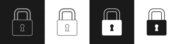 黒と白の背景にロックアイコンをセットします 南京錠のサイン セキュリティ 安全性 プライバシーの概念 ベクトル — ストックベクタ
