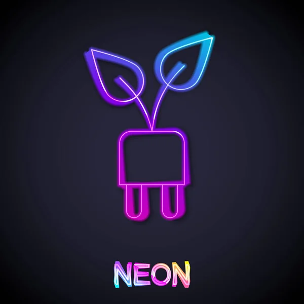 Glödande Neon Line Elektrisk Sparande Plugg Blad Ikon Isolerad Svart — Stock vektor