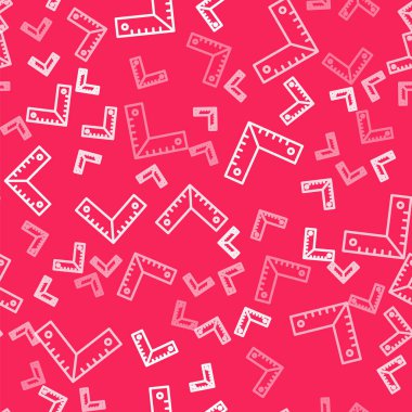 Beyaz çizgi köşe cetvel simgesi kırmızı arkaplanda izole edilmiş pürüzsüz desen. Yerleşim alanı, açı cetvel, marangozluk, ölçüm aletleri, ölçek. Vektör.