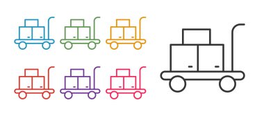 Trolley çanta simgesini beyaz arkaplanda ayır. Seyahat bagaj tabelası. Seyahat bagaj ikonu. Simgeleri renklendirin. Vektör.