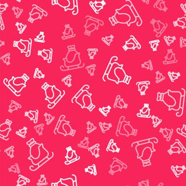 Beyaz çizgi Noel Baba kızağı. Kırmızı arka planda izole edilmiş çuval torbası ikonu var. Mutlu Noeller ve mutlu yıllar. Vektör.