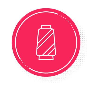 Beyaz arkaplanda izole edilmiş makara simgesine beyaz çizgi dikiş ipliği. İplik makarası. İplik kutusu. Kırmızı daire düğmesi. Vektör.