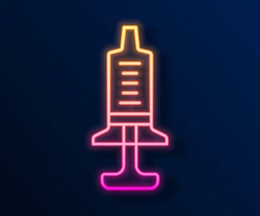 Parlayan neon çizgisi şırınga simgesi siyah arkaplanda izole edildi. Aşı için şırınga, aşı, iğne, grip aşısı. Tıbbi ekipman. Vektör.