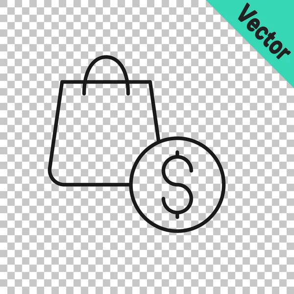Black Line Shopping Bag Dollar Icon Isolated Transparent Background Handbag — Stock Vector