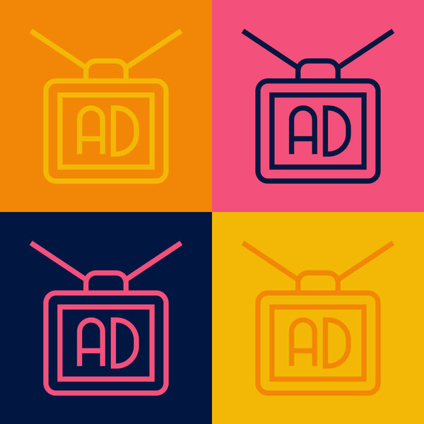 Pop art line Advertising icon isolated on color background. Concept of marketing and promotion process. Responsive ads. Social media advertising. Vector.