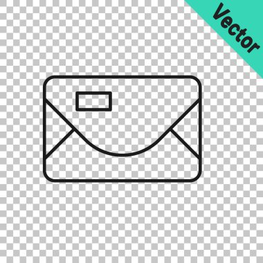 Şeffaf arkaplanda izole edilmiş siyah çizgi zarflı noel partisi davetiye kartı simgesi. Mutlu Noeller ve mutlu yıllar. Vektör.