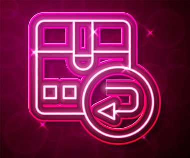 Glowing neon line Return cardboard box icon isolated on red background. Box, package, parcel sign. Delivery and packaging. Vector.