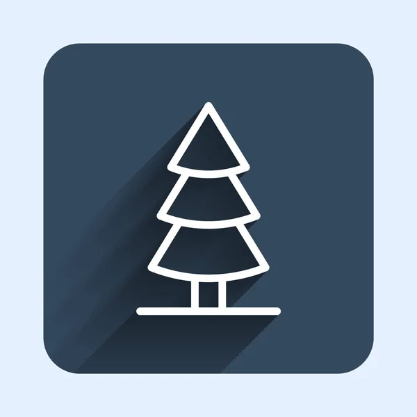 長い影の背景で隔離された白い線クリスマスツリーのアイコン メリークリスマスとハッピーニューイヤー 青い四角形のボタン ベクトル — ストックベクタ
