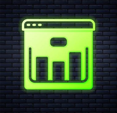 Parlayan neon tarayıcı borsa büyüme grafikleri ve tuğla duvar arkasında izole edilmiş para simgesi. Ekranda ok grafikleri olan bir monitör. Vektör