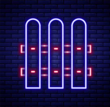 Parlayan neon hattı bahçe çiti ahşap ikonu tuğla duvar arkasında izole edilmiş. Renkli taslak konsepti. Vektör