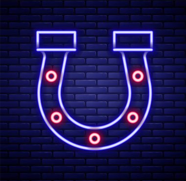 Parlayan neon çizgili at nalı simgesi tuğla duvar arkasında izole edilmiş. Renkli taslak konsepti. Vektör