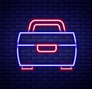 Parlayan neon hattı balıkçı kancası ikonu tuğla duvar arkasında izole edildi. Balık oltası. Renkli taslak konsepti. Vektör