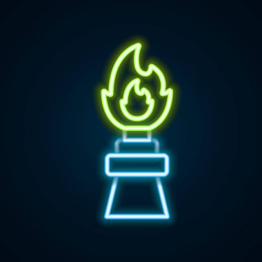 Siyah arka planda izole edilmiş ateş ikonu ile parlayan neon hattı petrol platformu. Yangın kazası. Gaz kulesi. Endüstriyel nesne Renkli taslak konsepti. Vektör