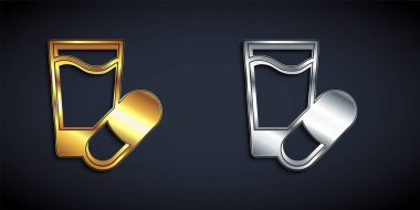 Altın ve gümüş uyku hapı ikonu siyah arka planda izole edilmiş. Uzun gölge tarzı. Vektör