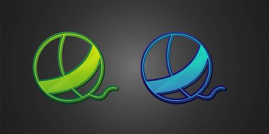 Siyah arkaplanda yeşil ve mavi iplik topu simgesi var. El yapımı, örgü ya da terzi için etiket. Vektör