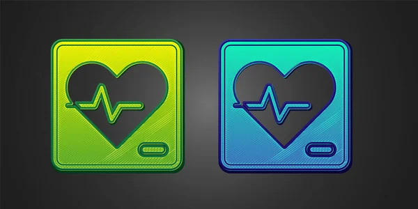 Icona Della Frequenza Cardiaca Verde Blu Isolata Sfondo Nero Segno — Vettoriale Stock