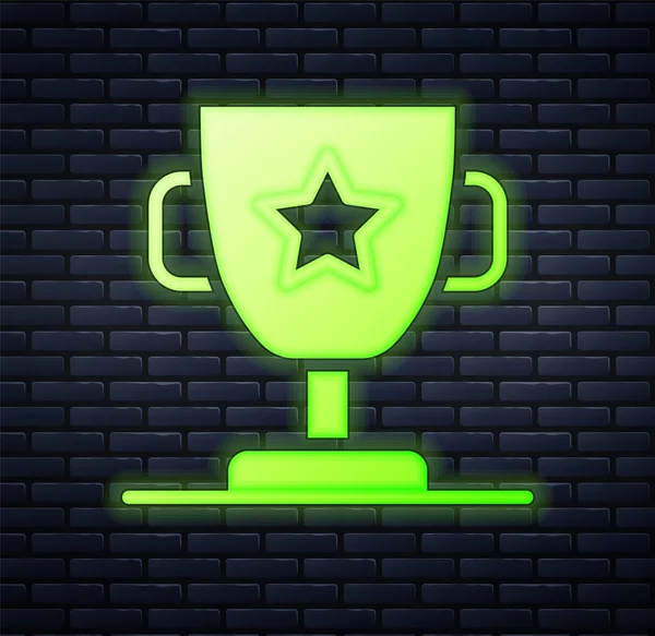 Glowing Neon Award Cup Icon Isolated Brick Wall Background Winner — Stock Vector