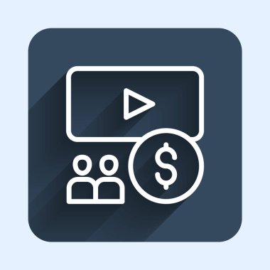 Beyaz çizgi sinema salonu uzun gölge arkaplanlı ekran simgesi ile izole edildi. Mavi kare düğme. Vektör