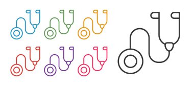 Beyaz zemin üzerinde izole edilmiş stetoskop tıbbi araç simgesi ayarla. Simgeleri renklendirin. Vektör