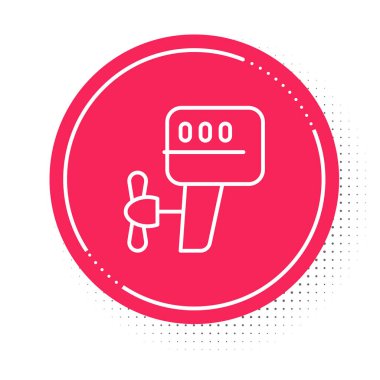 Beyaz çizgi Dış Tekne Motor simgesi beyaz arkaplanda izole edildi. Tekne motoru. Kırmızı daire düğmesi. Vektör