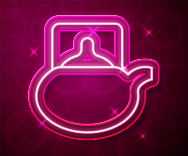 Glowing neon line Traditional tea ceremony icon isolated on red background. Teapot with cup.  Vector