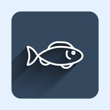 Beyaz çizgi Balık simgesi uzun gölge arkaplan izole. Mavi kare düğme. Vektör