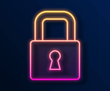 Parlayan neon çizgi simgesi siyah arkaplanda izole edildi. Asma kilit işareti. Güvenlik, güvenlik, koruma, gizlilik kavramı. Vektör