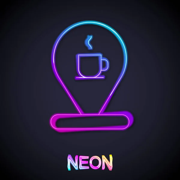 Leuchtende Leuchtschrift Location Mit Kaffeetasse Symbol Isoliert Auf Schwarzem Hintergrund — Stockvektor