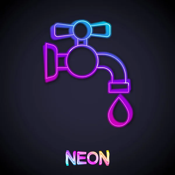 Glödande Neon Line Vatten Kran Ikonen Isolerad Svart Bakgrund Vektor — Stock vektor