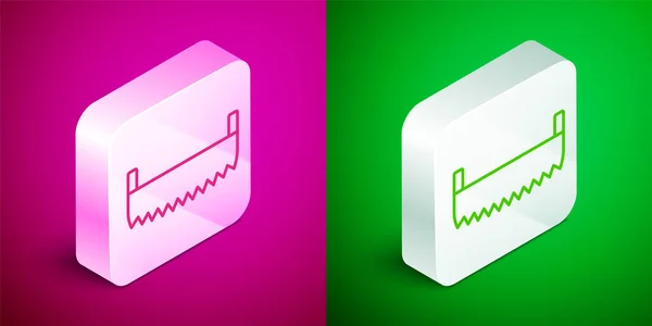 Isometric Line Two Handed Saw Icon Isolated Pink Green Background — Stock Vector