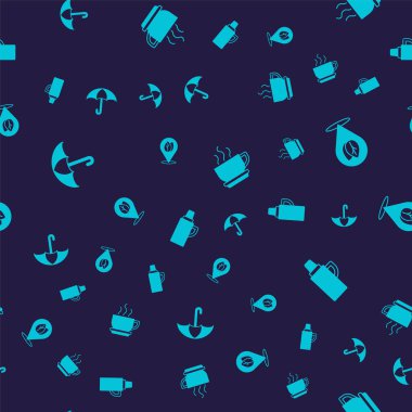 Şemsiye konumunu yaprak kahve fincanı ve termos kabıyla kusursuz bir şekilde ayarla. Vektör.