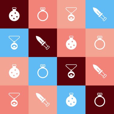 Pop sanat şişesini iksir taşından yapılmış madalyon zincirli göz ve hançer ikonuyla ayarla. Vektör.