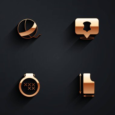 İplik yumağı deri yuvarlak işlemeli halka ve uzun gölgeli dikiş deseni simgesini ayarlayın. Vektör.