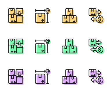 Karton karton kutu ambarını karton ölçü ve vergi simgesiyle ayarla. Vektör.