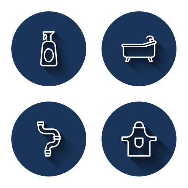 Deterjan, küvet endüstrisi, metalik boru ve uzun gölgeli mutfak önlüğü ile hat temizleme spreyi koyun. Mavi daire düğmesi. Vektör.