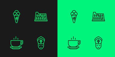 Pope Coffee Cup dondurmasını waffle ve kolezyum ikonuyla ayarla. Vektör.