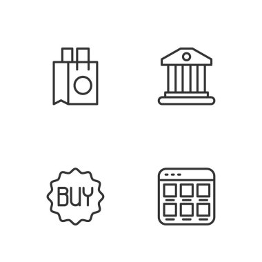Çevrimiçi alışveriş, Satın Alma düğmesi, Kese kağıdı ve Banka binası simgesi. Vektör