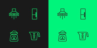 Ölçme kabı ölçekleme hattı mutfak sökücü fan ve buzdolabı simgesini ayarla. Vektör.