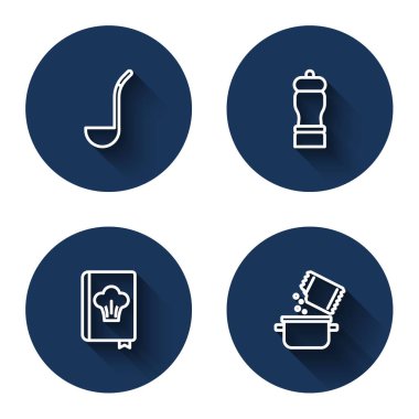 Mutfak kepçesi Pepper yemek kitabı ve uzun gölgeli tencere ve baharat. Mavi daire düğmesi. Vektör.