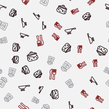 Hattı kur, tavayı ateşe ver. Pul ve çapraz bıçak ve çatal pürüzsüz desenli. Vektör.