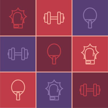 Boks eldivenlerini, Raket ve Dumbbell ikonunu yerleştirin. Vektör