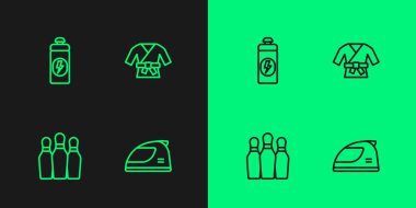 Hat çizgisi yarış kaskı bowling lobut fitness sallayıcısı ve Kimono ikonu. Vektör.