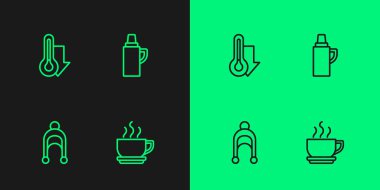 Kahve fincanı kış şapkası termometresi ve termos konteynır ikonunu ayarla. Vektör.