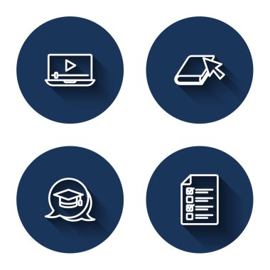 Online oyun videosu, kitap, mezuniyet konuşması balonu ve quiz, test, uzun gölgeli araştırma. Mavi daire düğmesi. Vektör